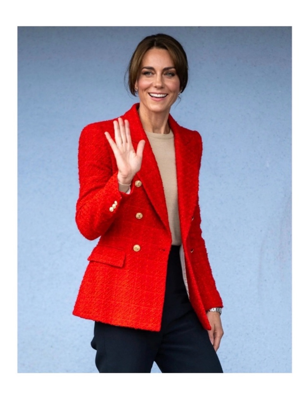 NWOT Zara Tweed Textured Double-Breasted Blazer Gold Buttons Red S Structured